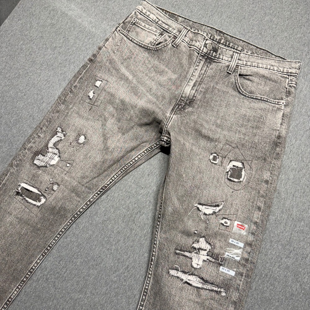 Levis 512 Slim Taper Grey Distressed Patched Denim Jeans Mens 36x30